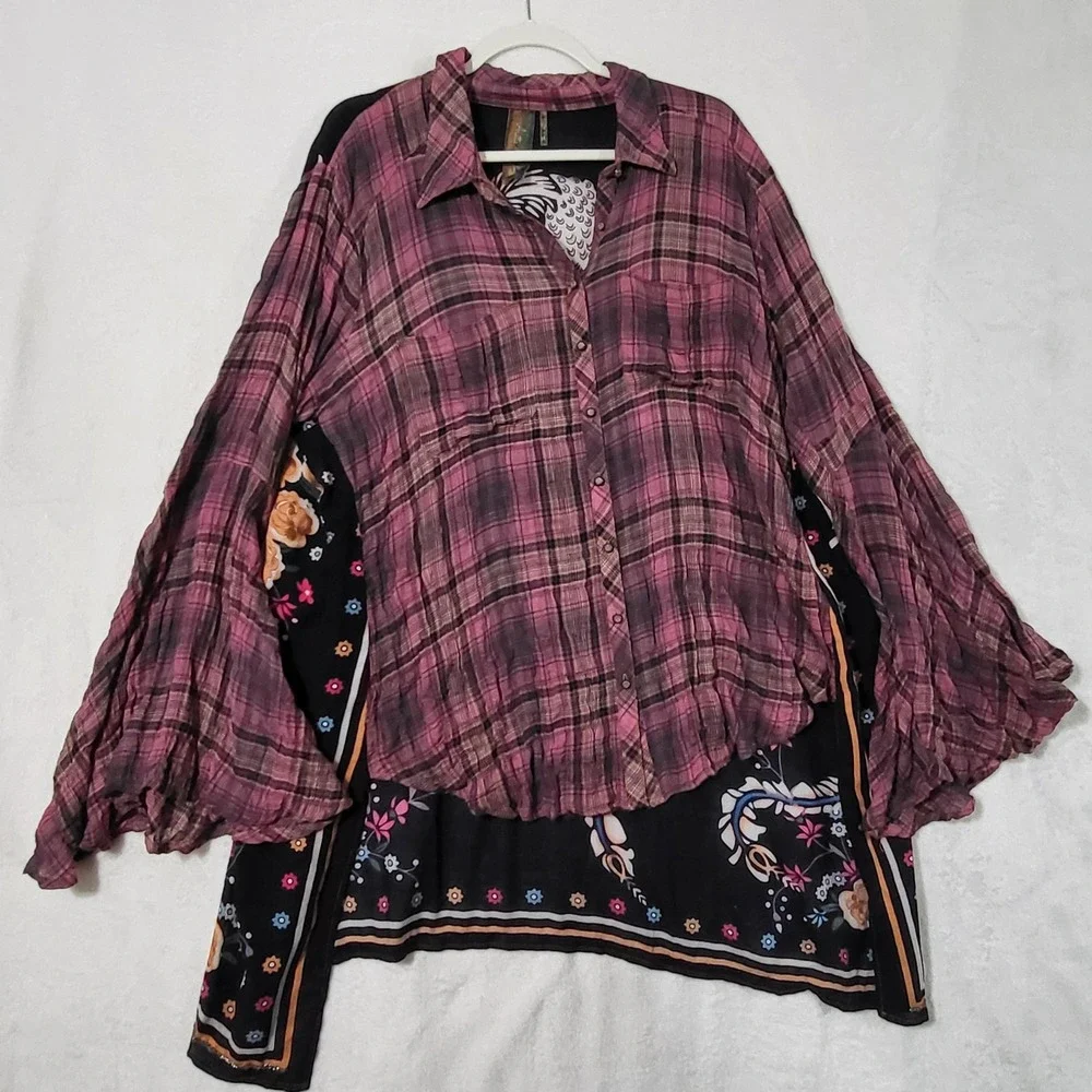 Aratta Shirt Womens Large Pink Plaid Bird Floral Boho Tunic Bell Sleeve Top - Picture 5 of 14